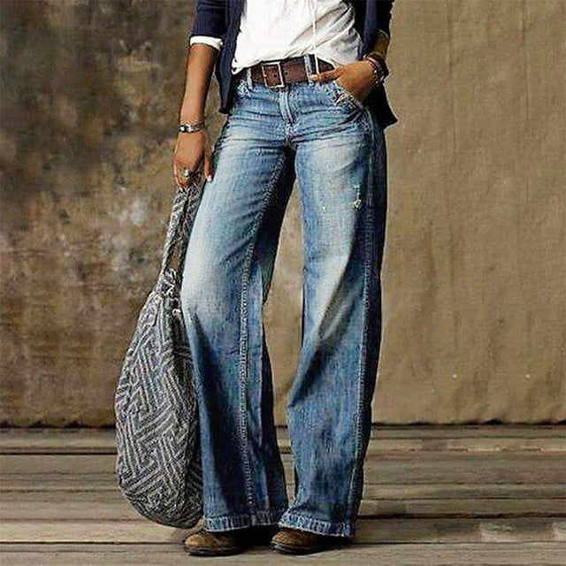 High Waist Wide Leg Denim Jeans with Vintage Wash