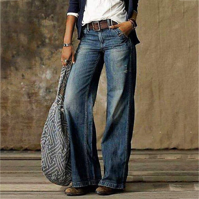 High Waist Wide Leg Denim Jeans with Vintage Wash