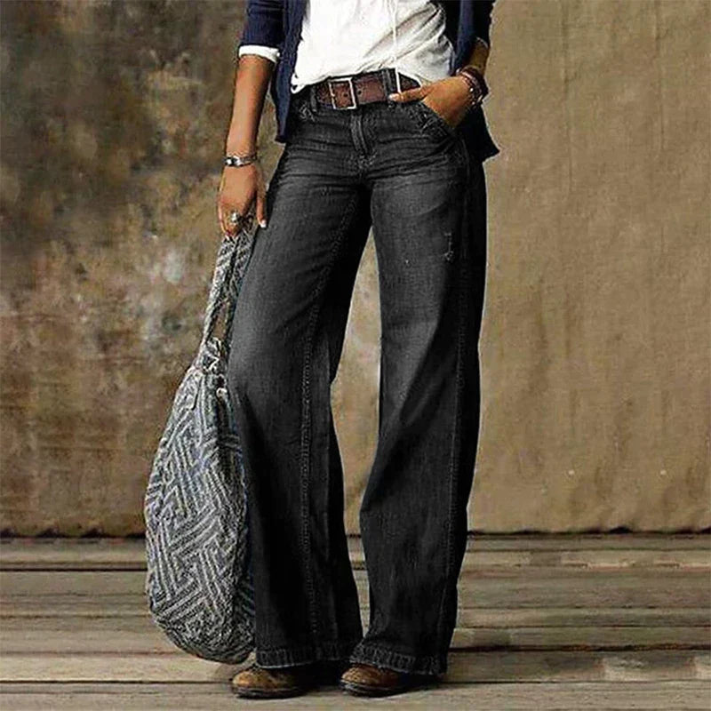 High Waist Wide Leg Denim Jeans with Vintage Wash
