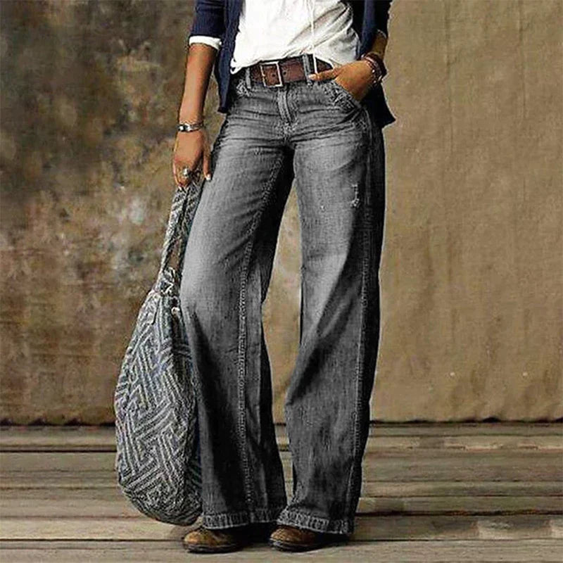 High Waist Wide Leg Denim Jeans with Vintage Wash